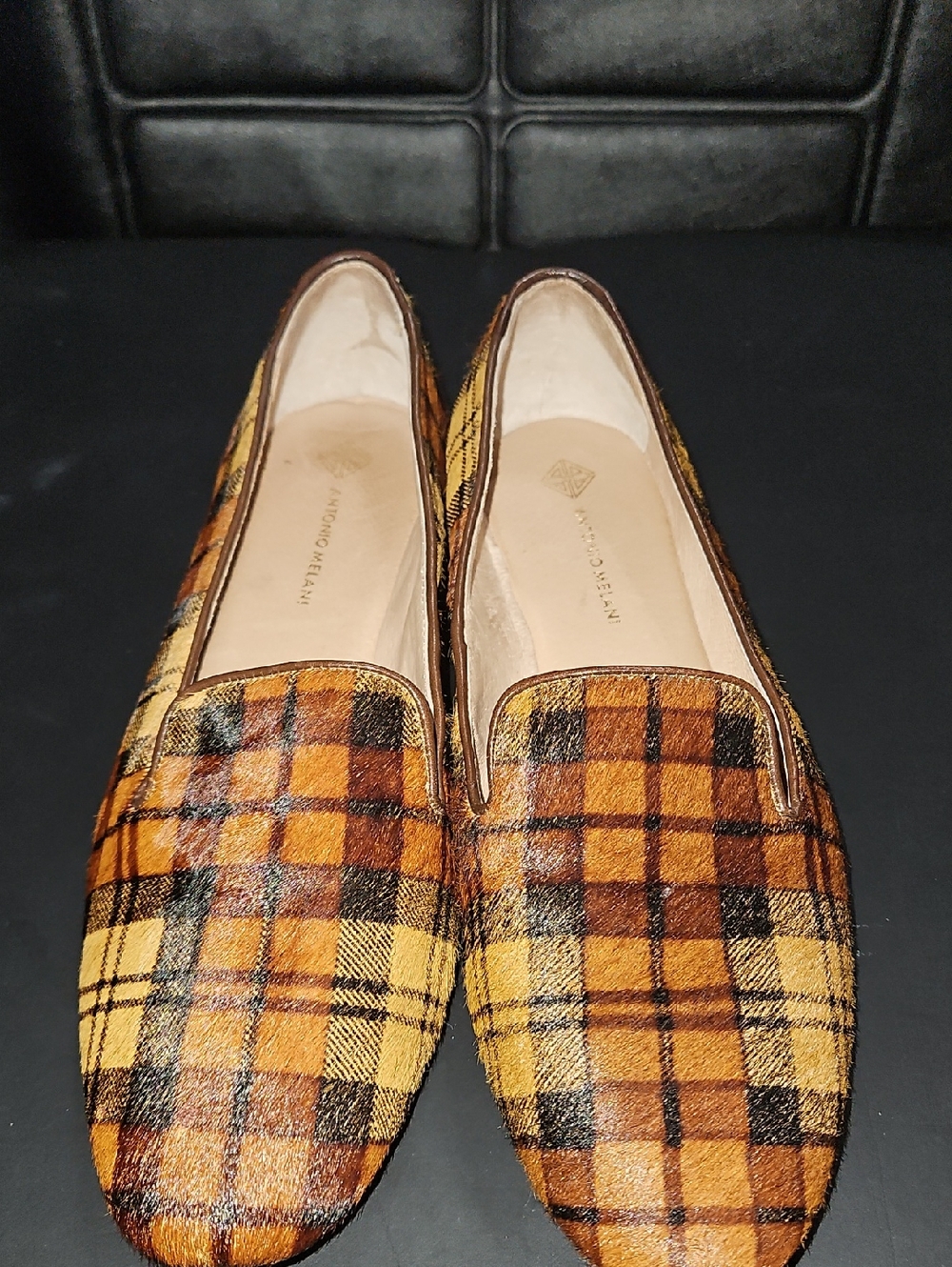 ANTONIO MELANI Yellow and Brown Plaid Calf Hair Women's Loafers Size 9